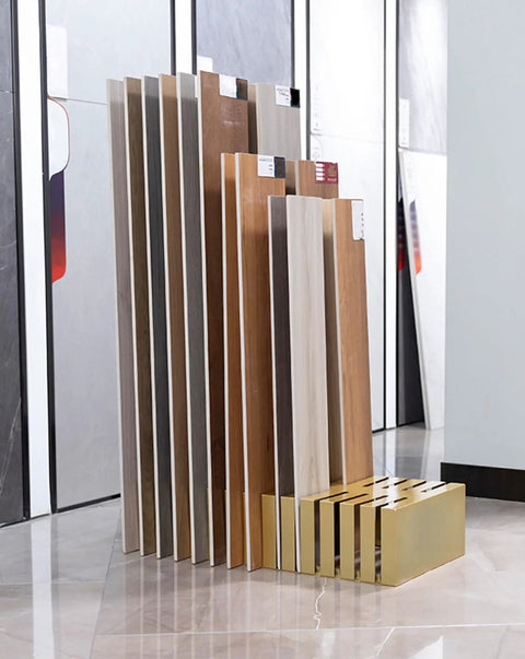 Heavy Duty Tile Display Stand With 28 Deep Sample Slots Built Like A Tank For Flooring Contractors Showroom Ready Gold Steel Rack with multiple tile samples