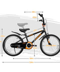 20 Inch BMX Style Kid Friendly Bike For Boys And Girls Ages 4 To 12 With Adjustable Seat Training Wheels Front And Rear Fenders Safe Dual Braking System Black Bicycle with size measurements visible.