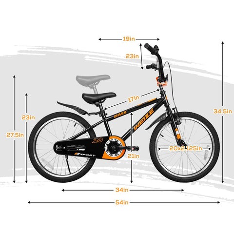 20 Inch BMX Style Kid Friendly Bike For Boys And Girls Ages 4 To 12 With Adjustable Seat Training Wheels Front And Rear Fenders Safe Dual Braking System Black Bicycle with size measurements visible.