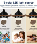 Modern 52 Inch Reversible Ceiling Fan with LED Light showing 3-color settings: 6000K, 4000K, and 3000K for various activities.
