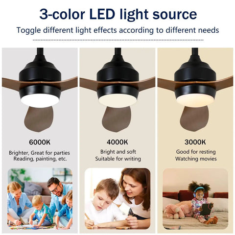Modern 52 Inch Reversible Ceiling Fan with LED Light showing 3-color settings: 6000K, 4000K, and 3000K for various activities.