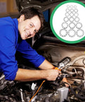 Mechanic repairing car engine using Stainless Steel Internal Tooth Lock Washers 300 Piece Star Shape Fastener Set for industrial use.
