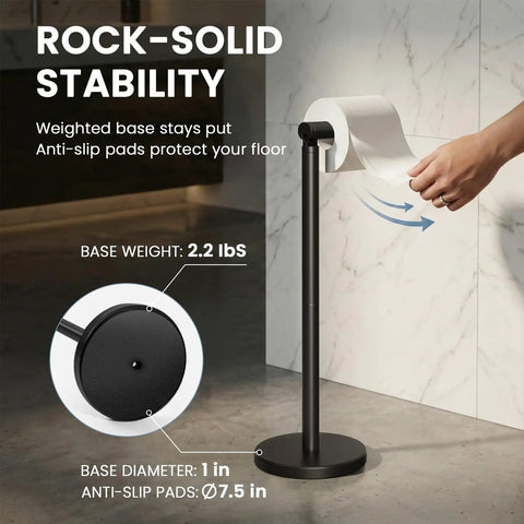 Freestanding Toilet Paper Holder Stand With Extra Heavy Weighted Base And Non Slip Mat Sleek Black Modern Bath Decor showing 2.2 lbs base.