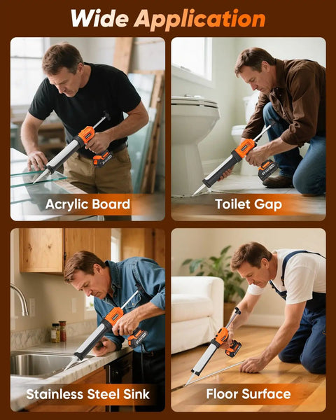 Cordless Caulking Gun Drip Free With LED Light, 4 Speed Settings used on acrylic board, toilet gap, sink, and floor