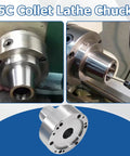 Beefy 5C Collet Lathe Chuck Closer with 5 inch plain back, recessed 3.740x0.184 bore, on lathe, operating with chuck key