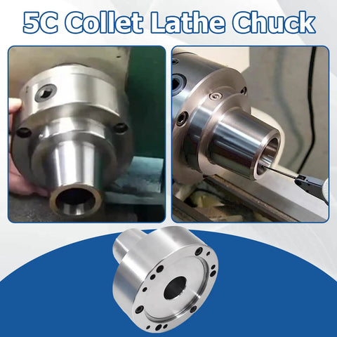 Beefy 5C Collet Lathe Chuck Closer with 5 inch plain back, recessed 3.740x0.184 bore, on lathe, operating with chuck key