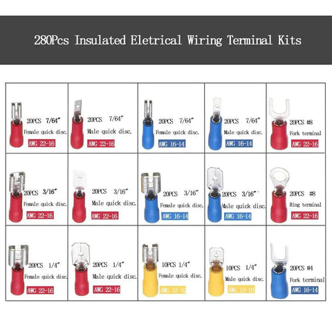 Grid layout of All In One 280 Pc Wire Terminal Crimp Connectors Kit Insulated Waterproof Spade Set For 22-10 AWG.
