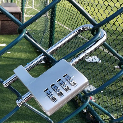 4 Digit Combo Padlock With Two Point Five Inch Wide Body And Three Eighths Inch Stainless Steel Retractable Shackle Outdoor Ready Lock on fence