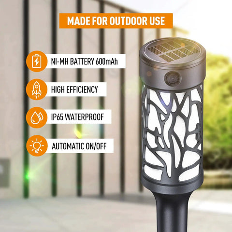 12 Pack Solar Outdoor Lights Extra Bright Solar Torch Lights With Dancing Flickering Flames Lit For Garden Halloween Decor Waterproof Yard Pathway Patio For Outdoor Pathways, close-up with solar panel top and decorative cutouts.