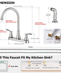 8 Inch High Arc Kitchen Faucet With Dual Handles And Side Sprayer Brushed Nickel 3 Hole Centerset Easy Install Dimensions