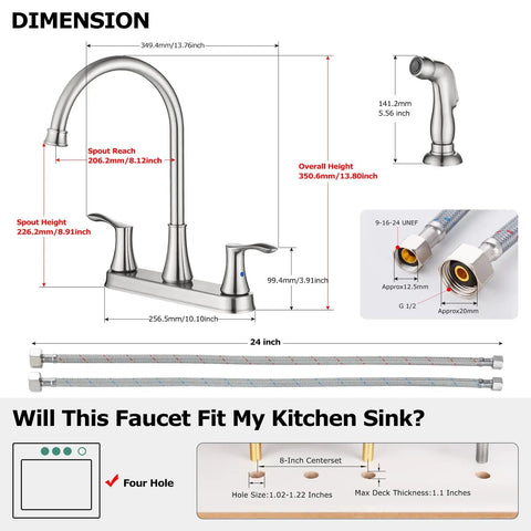 8 Inch High Arc Kitchen Faucet With Dual Handles And Side Sprayer Brushed Nickel 3 Hole Centerset Easy Install Dimensions