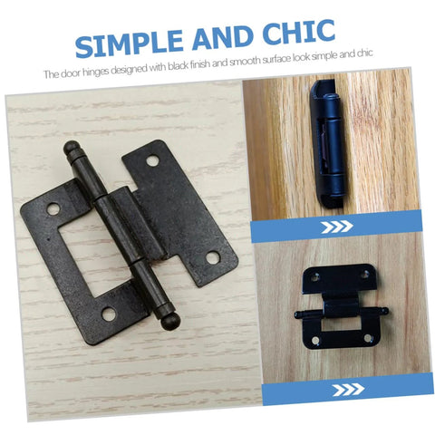 DIYEAH 10-pack black iron cabinet hinges; self-closing, shown in front, installed, and side views