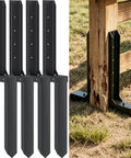 Heavy Duty Fence Post Repair Kit Quick Fix Leaning 4x4 6x6 Wood Posts 4 Pack 13 Gauge Steel Anchors in black color, shown with a repaired post.