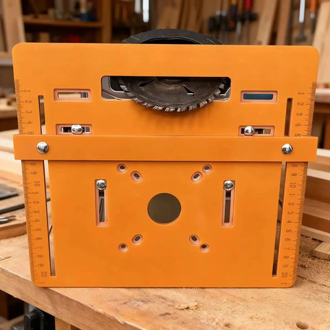 Rugged As Nails Circular Saw Base Plate Swap Out Bottom Board shows orange design with saw blade, measuring scales for precision cuts.