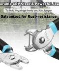 Pro Grade Hog Ring Pliers Kit with galvanized steel jaws close-up for upholstery, fencing, pet cages, and bagging.