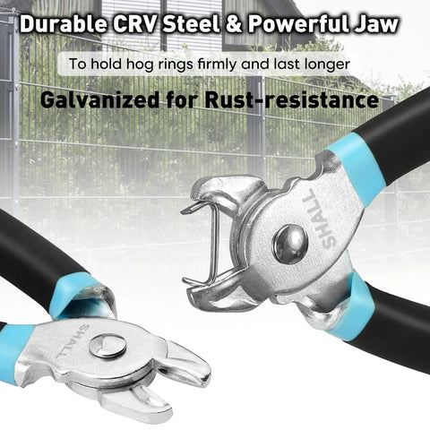 Pro Grade Hog Ring Pliers Kit with galvanized steel jaws close-up for upholstery, fencing, pet cages, and bagging.