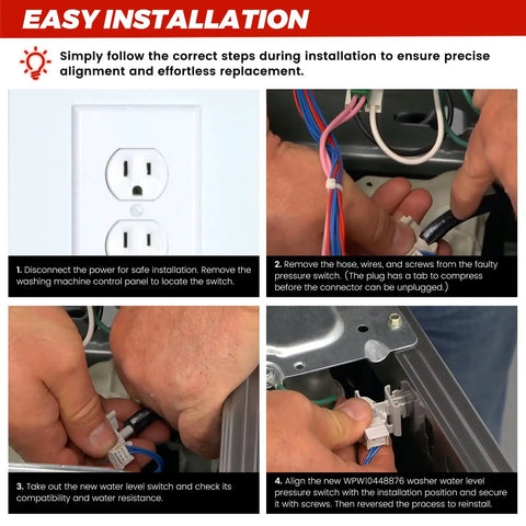 Installation guide for 2026 Upgraded WPW10448876 Washer Water Level Pressure Switch 0EM for front load washers with steps.