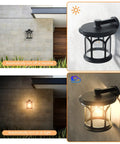Lit Two Pack Solar Wall Lights Outdoor With Motion Sensor And Dusk To Dawn Waterproof Lantern Sconces installed on exterior wall