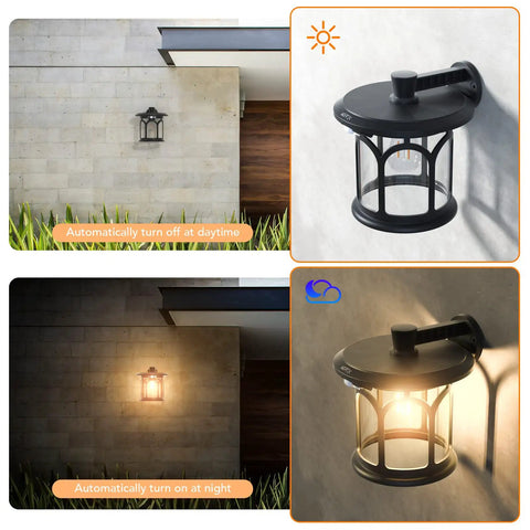 Lit Two Pack Solar Wall Lights Outdoor With Motion Sensor And Dusk To Dawn Waterproof Lantern Sconces installed on exterior wall
