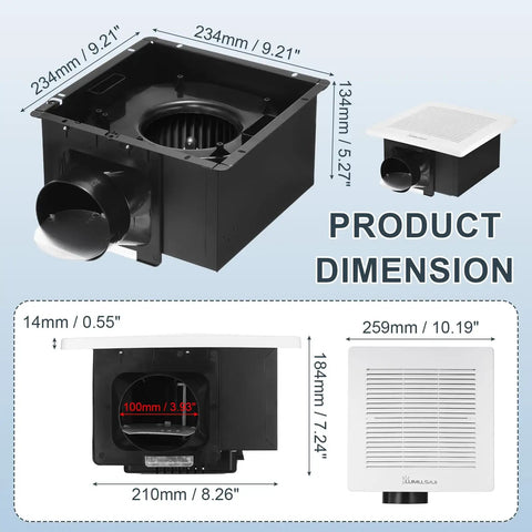 Heavy Duty 120 CFM Bathroom Exhaust Fan Ceiling Mounted 8X8 Inch with dimensions diagram showing size and orientation.
