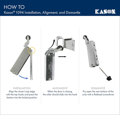 Installation and alignment guide for Kason 1094 door closer with adjustable wide hook and concealed mounting.
