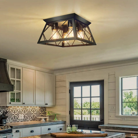 4 Light Black Dope Flush Mount Ceiling Light For Kitchen And Hallway Industrial Close To Ceiling Farmhouse Square Cage Lamp