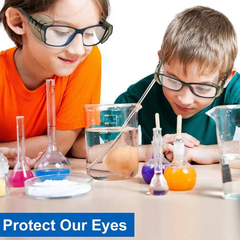 Children wearing 30 Pairs Clear Safety Glasses Side Shields, Slip On TPU Shields that fit medium to large frames in a lab setting.