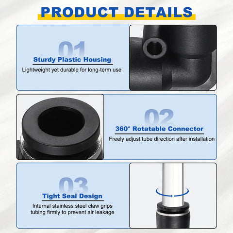 Close-up details of Five Pack One Quarter Inch Push To Connect 90 Degree Pneumatic Elbow Fittings for Air Lines, showing plastic housing and seal design.