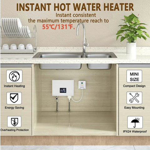 3000W Tankless Water Heater With Remote And Digital Display 110V No Waiting Instant On Demand Hot Water In 3 Seconds 131F Max Efficient Compact Solution For Home Shower Sink Cabin RV mounted under kitchen sink