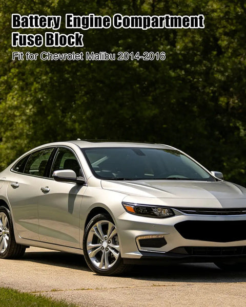 Engine Compartment Fuse Box Assembly For Chevrolet Malibu 2014 2015 2016 shown on a silver car parked outdoors.