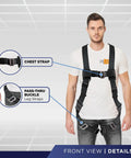 Man wearing Roofer Ready Roof Harness Safety Kit With 50 Ft Vertical Lifeline, showing chest strap and pass-thru buckle details.