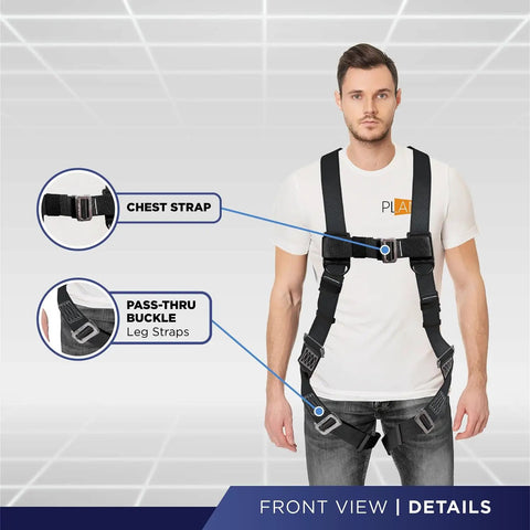 Man wearing Roofer Ready Roof Harness Safety Kit With 50 Ft Vertical Lifeline, showing chest strap and pass-thru buckle details.
