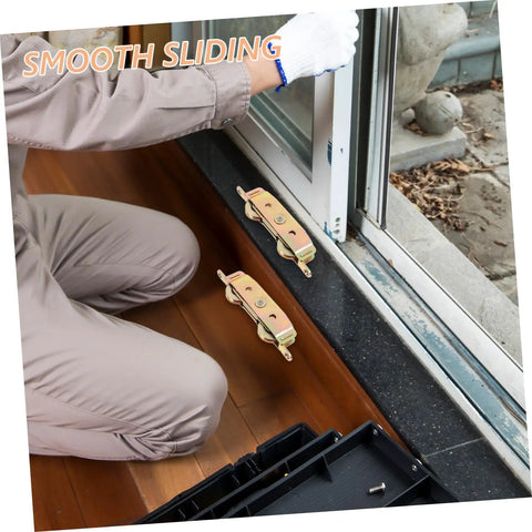 Heavy Duty Barn Door Roller Kit Includes Two Rock Solid Aluminum Sliding Pulley Wheels next to window for smooth installation.