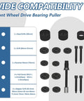 Front Wheel Bearing Tool Kit 19 Piece Set For Press And Puller Wheel Hub Bearing Removal And Installation FWD Master Set Heavy Duty Pro Grade For Easy Shop Quality Service displayed with components on layout