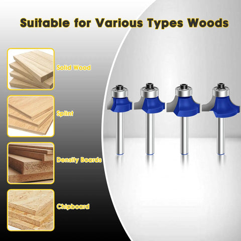 Four Pack Blue Round Over Router Bit Set With 1/4 Inch Shank Radii 1/8, 3/16, 1/4, 5/16 Inches For Woodworking, wood types shown