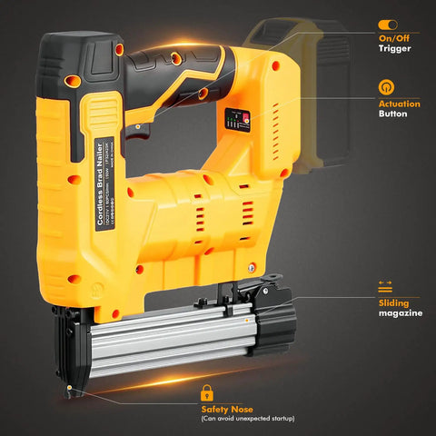 Close-up of Cordless 18GA Brad Nailer And Electric Staple Gun Two In One Wire Free Nail Tool, featuring on/off trigger and sliding magazine.