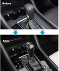 Before and after of Mazda 3 And CX-30 CX-50 Gear Shift Knob Cover Dope Carbon Fiber Style Interior Trim installation