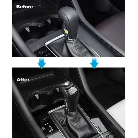 Before and after of Mazda 3 And CX-30 CX-50 Gear Shift Knob Cover Dope Carbon Fiber Style Interior Trim installation