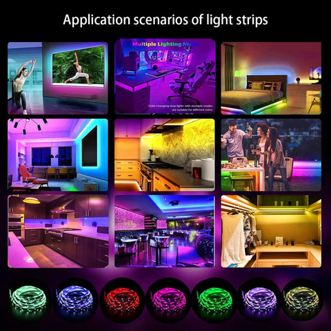 65 Point 6 Foot RGB LED Strip Lights With App And Remote Control Music Sync 5050 RGB LEDs 16 Million Colors Timer DIY Modes Lit Bedroom TV Party Decor in various home settings