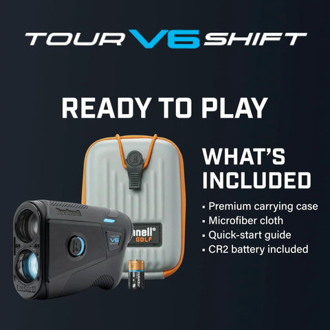 Slope Adjusted Golf Laser Rangefinder Dead Nuts Accurate With Visual Jolt Target Lock Built Like A Tank Tournament Legal Toggle Switch Sleek Black Finish with case and accessories.