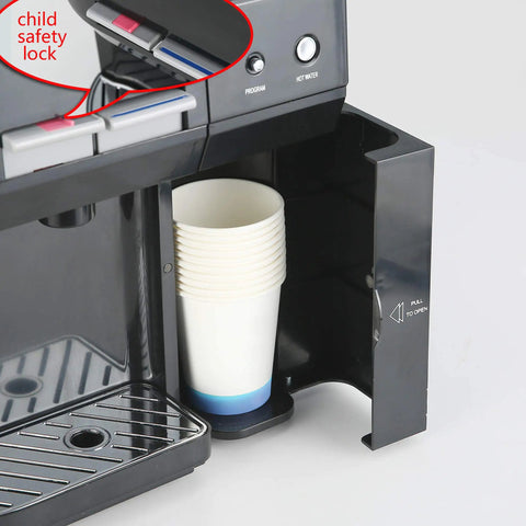 Countertop Hot And Cold Water Dispenser With 3 To 5 Gallons Capacity, Child Safety Lock, cup storage open showing paper cups
