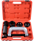 Open red case showing Ball Joint Press And U Joint Removal Kit With 4x4 Adapters For Most 2WD And 4WD, including C-frame and adapters.