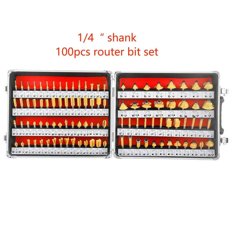 Heavy Duty Tungsten Carbide Router Bit Set Quarter Inch Shank Woodworking Milling Cutter Kit with 100 pieces in case.