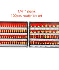 Top Shelf Tungsten Carbide Router Bit Set Quarter Inch Shank Pro Grade Woodworking Milling Cutter Kit featuring Anti Kickback Design, 100 pieces in case.