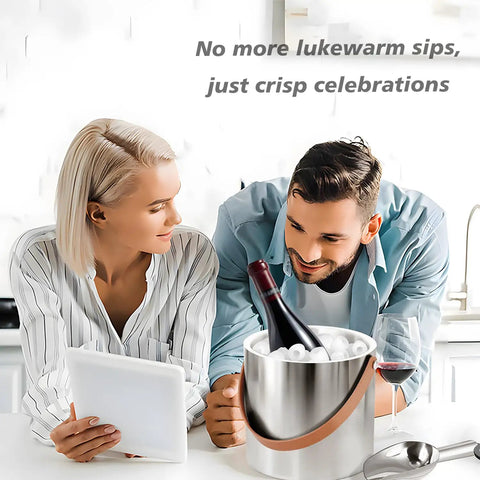 Couple with Double Wall Vacuum Insulated Ice Bucket With Lid, Scoop, Ice Tong, Strainer And Leather Handle, 3L Large Wine Ice Bucket