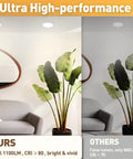 Comparison of living room lighting with Six Pack Ultra Thin Canless LED Recessed Downlights 6 Inch Dimmable With Night Light Mode 2700K To 5000K 12W 1100 Lumens Retrofit Wafer Lights For Quick Ceiling Upgrade And Dope Ambience on the left and standard lights on the right.