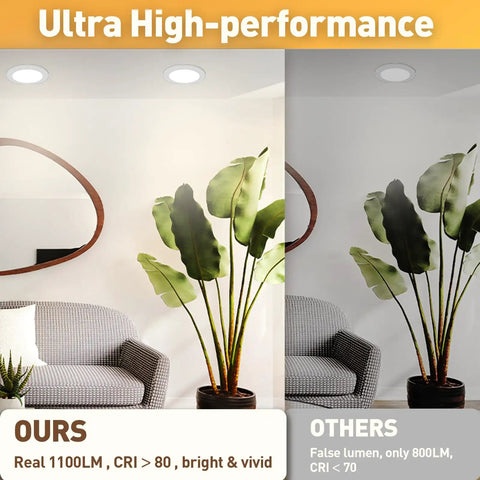 Comparison of living room lighting with Six Pack Ultra Thin Canless LED Recessed Downlights 6 Inch Dimmable With Night Light Mode 2700K To 5000K 12W 1100 Lumens Retrofit Wafer Lights For Quick Ceiling Upgrade And Dope Ambience on the left and standard lights on the right.