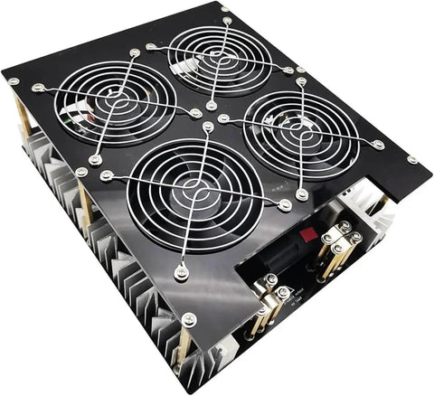 Badass 5000W Induction Heating Board With Heavy Duty Spiral Coil and Zero Hassle Water Pump top view showing cooling fans and wiring.