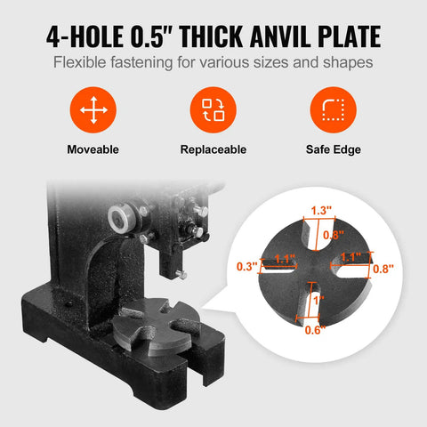 1 Ton Manual Arbor Press For Stamping Bending And Forming Cast Iron Desktop Hand Press shown with 4-hole anvil plate details