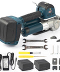 Heavy Duty Automatic Electric Strapping Machine With Twin Four Thousand Mah Lithium Batteries And Lcd Display For Quick Pet Or Pp Banding Up To Three Quarter Inches Wide, including tools and accessories.